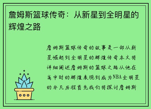 詹姆斯篮球传奇：从新星到全明星的辉煌之路
