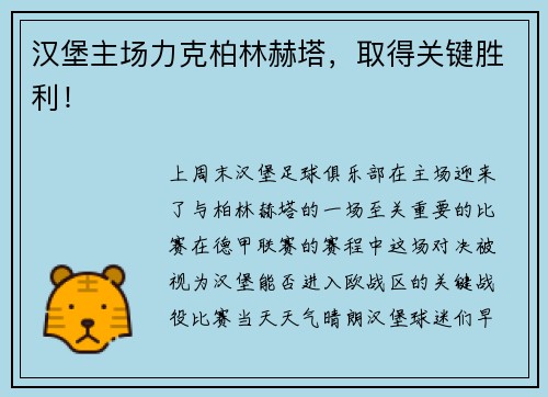 汉堡主场力克柏林赫塔，取得关键胜利！